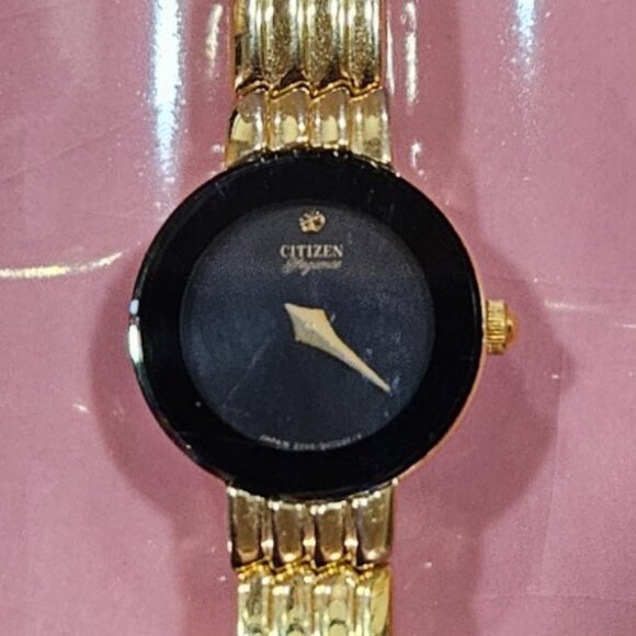 Citizen Gold Watch Bracelet with Black Glass Dial and Gold Hands, non-working BO